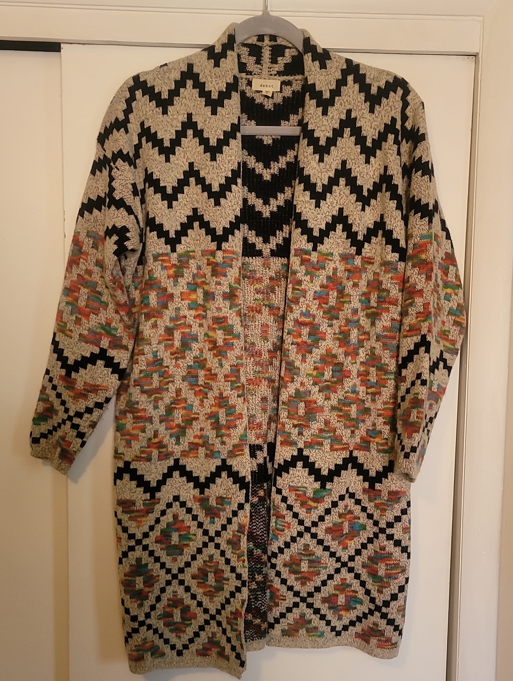 debut Black & Cream Geometric Open Cardigan with Multicolor Accents